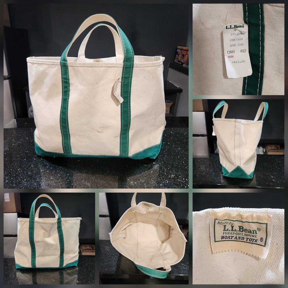 VTG 80s LL Bean Boat & Tote Sawtooth Canvas Bag Ivory‎ Green Trim NWT L Large